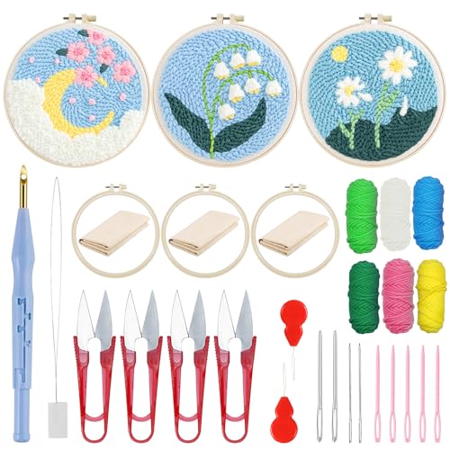 Woohome Stickerei Starter Kit Punch Needle Kit mit Stickrahmen, Stanznadeltuch, Garn, Punch Needle für Handwerk Stitching (Chrysantheme und Kirschblüte) von Woohome