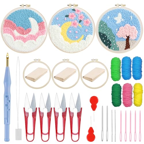 Woohome Stickerei Starter Kit Punch Needle Kit mit Stickrahmen, Stanznadeltuch, Garn, Punch Needle für Handwerk Stitching (Mond und Bäume) von Woohome