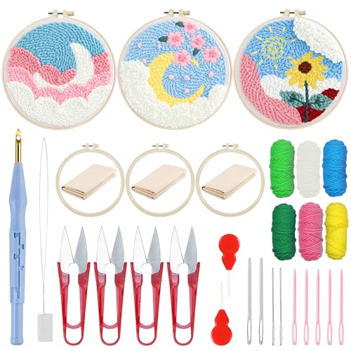 Woohome Stickerei Starter Kit Punch Needle Kit mit Stickrahmen, Stanznadeltuch, Garn, Punch Needle für Handwerk Stitching (Mond und Sonnenblume) von Woohome
