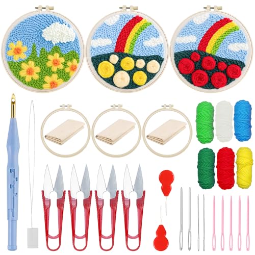 Woohome Stickerei Starter Kit Punch Needle Kit mit Stickrahmen, Stanznadeltuch, Garn, Punch Needle für Handwerk Stitching (Regenbogen und Blumen) von Woohome