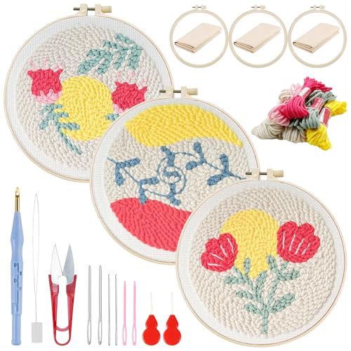 Woohome Stickerei Starter Kit Punch Needle Kit mit Stickrahmen, Stanznadeltuch, Garn, Punch Needle für Handwerk Stitching (Rosa Blume und Blätter) von Woohome