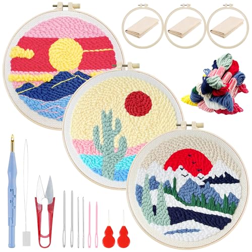 Woohome Stickerei Starter Kit Punch Needle Kit mit Stickrahmen, Stanznadeltuch, Garn, Punch Needle für Handwerk Stitching (Sonnenaufgang und Sonnenuntergang) von Woohome