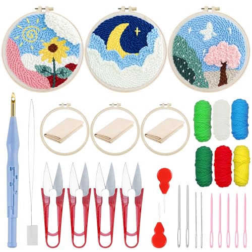 Woohome Stickerei Starter Kit Punch Needle Kit mit Stickrahmen, Stanznadeltuch, Garn, Punch Needle für Handwerk Stitching (Sonnenblume und Baum) von Woohome