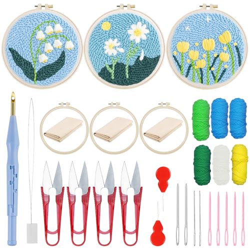 Woohome Stickerei Starter Kit Punch Needle Kit mit Stickrahmen, Stanznadeltuch, Garn, Punch Needle für Handwerk Stitching (Tulpen und Chrysanthemen) von Woohome