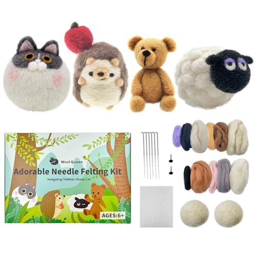 Hand U Journyet Nadelfilz-Set, Bär, Katze, Schaf, Igel, 4 Tiere, reine Queensland 70er Feine Wolle, Filzschaummatte, 6 Nadeln, Anleitung und Videos, ideal für Kunst und Handwerk, einfach für Anfänger von Wool Queen