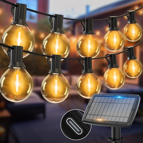 Woolmug Solar Lichterkette Aussen,36.5M Lichterketten Außen mit 50+3 G40 LED Glühbirnen,5 Modi USB Solarlichterkette Außen Wetterfest für Balkon, Terrasse, Garten, Hochzeit, Haus, Weihnachten Deko von Woolmug