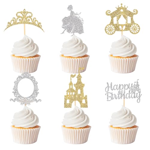 Cupcake-Topper mit Glitzer, Motiv: Prinzessinnen-Motiv, 24 Stück, goldfarben, Happy Birthday, Kuchendekorationen für Babyparty, Prinzessinnengeburtstag, Partyzubehör Cupcake-Topper mit Glitzer, Motiv: Prinzessinnen-Motiv, 24 Stück, goldfarben, Happy Birthday, Kuchendekorationen für Babyparty, Prinzessinnengeburtstag, Partyzubehör von Wootkey