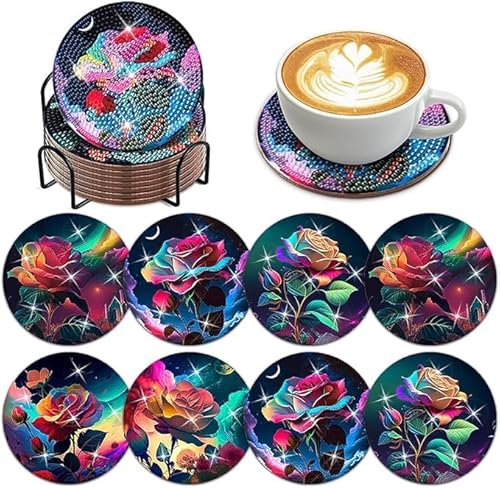 Woplagyreat Diamond Painting Untersetzer Gläser Erwachsene Bastelset Glasuntersetzer Set Basteln Zimmer Deko Wohnzimmer Kinder DIY Geschenke Leuchtende Rose von Woplagyreat