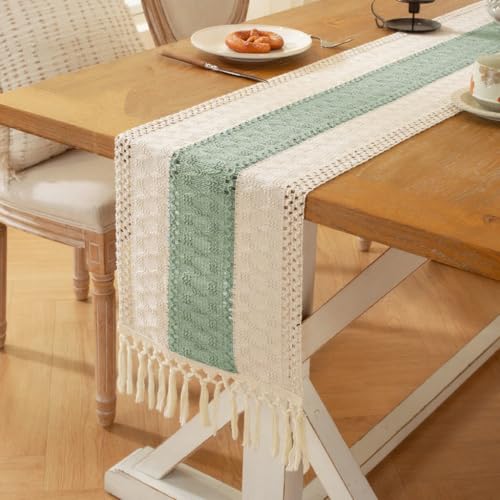 Tischläufer Boho Table Runner Servietten Salbeigrün Tischdeko Geburtstagsdeko Hochzeitsdeko Taufe Deko Gartenparty Tisch Deko Dekoration Wohnzimmer Quasten Spitze Tischdecke Spitzenstoff 30x183cm von Woplagyreat