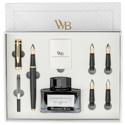 Füllfederhalter Geschenkset, inklusive Tintenflasche, 6 Tintenpatronen, Tinten-Nachfüllkonverter, 5 Ersatzspitzen, Premium-Paket, Journaling, Kalligraphie, glattes Schreiben Stifte [Schwarz Gold] von Wordsworth & Black