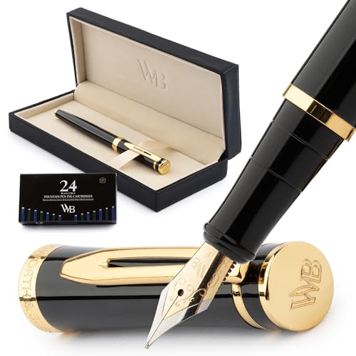 Wordsworth & Black Füllfederhalter-set, 18k Vergoldete Extra Feine Spitze, Inklusive 24 Stück Tintenpatronen, Tintennachfüllkonverter, Geschenkbox, Gold-finish, Kalligraphie [Schwarz Gold] von Wordsworth & Black