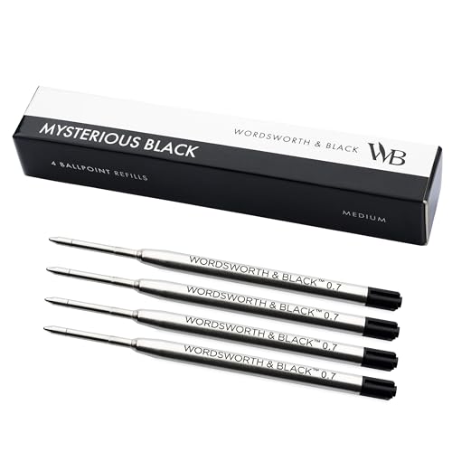 Wordsworth and Black Kugelschreiber Nachfüllungen [Schwarz], Set mit 4, Austauschbare Nachfüllungen - Mittlere Spitze, Schnell trocknende schwarze Tinte, Standardgröße Kugelschreiber, von Wordsworth & Black