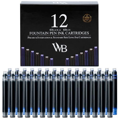 Wordsworth & Black 12er Pack - Schwarzer Füllfederhalter Tintenpatronen von - Schwarz und Blau Internationaler Standard Größe - Länge ca. 5,2 cm - Basisdurchmesser ca. 0,6 cm - Einweg von Wordsworth & Black