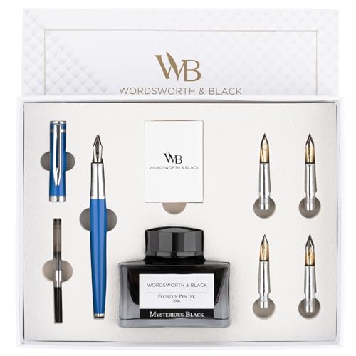 Wordsworth & Black Füllfederhalter-Geschenkset, beinhaltet Tintenflasche, 6 Tintenpatronen, Tintenauffüllkonverter, 4 Ersatzfedern, Premium-Paket, Journaling, Kalligraphie, [Blauer Chrom] von Wordsworth & Black