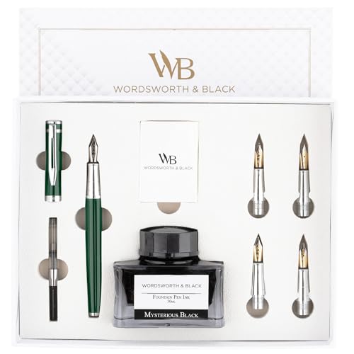 Wordsworth & Black Füllfederhalter-Geschenkset, beinhaltet Tintenflasche, 6 Tintenpatronen, Tintenauffüllkonverter, 4 Ersatzfedern, Premium-Paket, Journaling, Kalligraphie, [Grüner Chrom] von Wordsworth & Black
