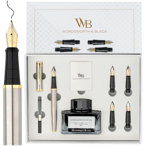 Wordsworth & Black Füllfederhalter-Geschenkset, inkl. Tintenflasche, 6 Tintenpatronen, Tintennachfüllkonverter, 4 Ersatzfedern, Journaling, Kalligraphie, Stifte für sanftes Schreiben [Silber-Gold] von Wordsworth & Black