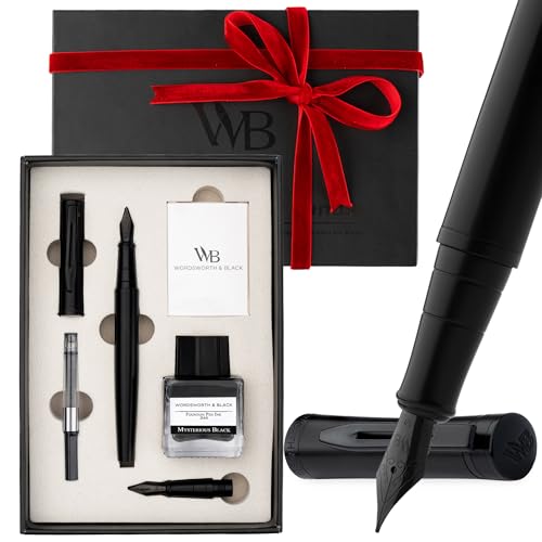 Wordsworth & Black Füllfederhalter-Set, 18K vergoldete Feder in Mittel und Extrafein, 25ML schwarze Tinte, 6 Patronen, Nachfüllkonverter, Geschenkbox – Ganz Schwarz, Geschenk für Männer & Frauen von Wordsworth & Black
