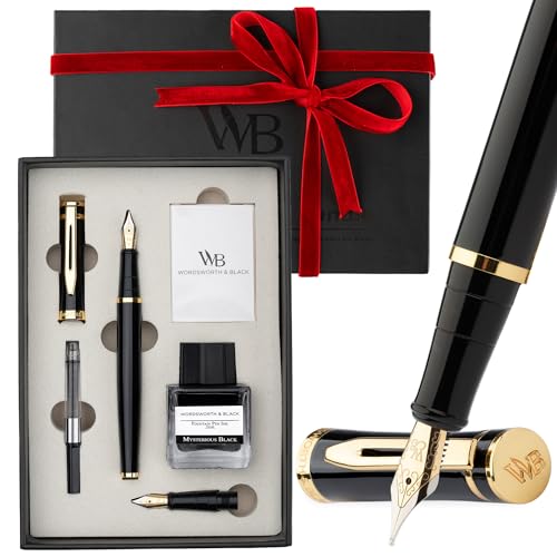 Wordsworth & Black Füllfederhalter-Set, 18K vergoldete Feder in Mittel und Extrafein, 25ML schwarze Tinte, 6 Patronen, Nachfüllkonverter, Geschenkbox – Schwarz Gold, Geschenk für Männer & Frauen Wordsworth & Black Füllfederhalter-Set, 18K vergoldete Feder in Mittel und Extrafein, 25ML schwarze Tinte, 6 Patronen, Nachfüllkonverter, Geschenkbox – Schwarz Gold, Geschenk für Männer & Frauen von Wordsworth & Black