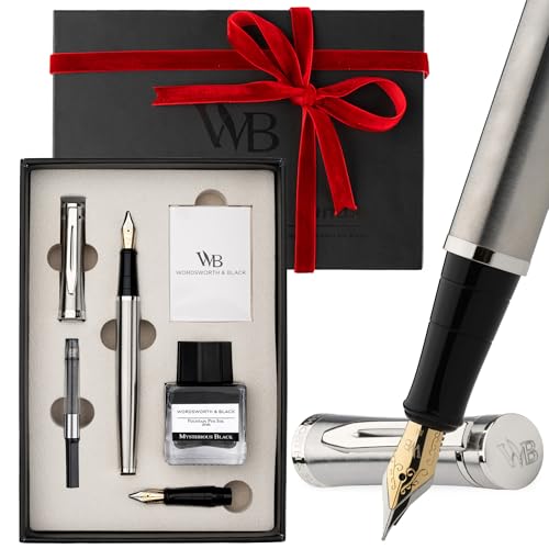 Wordsworth & Black Füllfederhalter-Set, 18K vergoldete Feder in Mittel und Extrafein, 25ML schwarze Tinte, 6 Patronen, Nachfüllkonverter, Geschenkbox – Silber Chrom, Geschenk für Männer & Frauen von Wordsworth & Black