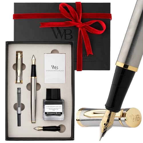 Wordsworth & Black Füllfederhalter-Set, 18K vergoldete Feder in Mittel und Extrafein, 25ML schwarze Tinte, 6 Patronen, Nachfüllkonverter, Geschenkbox – Silber Gold, Geschenk für Männer & Frauen von Wordsworth & Black