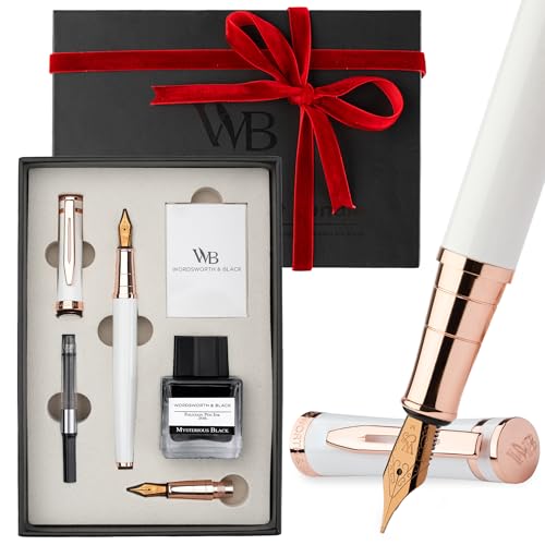 Wordsworth & Black Füllfederhalter-Set, 18K vergoldete Feder in Mittel und Extrafein, 25ML schwarze Tinte, 6 Patronen, Nachfüllkonverter, Geschenkbox – Weiß Roségold, Geschenk für Männer & Frauen Wordsworth & Black Füllfederhalter-Set, 18K vergoldete Feder in Mittel und Extrafein, 25ML schwarze Tinte, 6 Patronen, Nachfüllkonverter, Geschenkbox – Weiß Roségold, Geschenk für Männer & Frauen von Wordsworth & Black