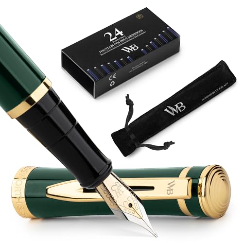 Wordsworth & Black Füllfederhalter-Set, 18K Vergoldete mittlere Feder, inkl. 24er Pack Tintenpatronen, Nachfüllkonverter & Geschenketui, Gold Finish, [[Renn Grün]], Perfekt für Männer & Frauen von Wordsworth & Black