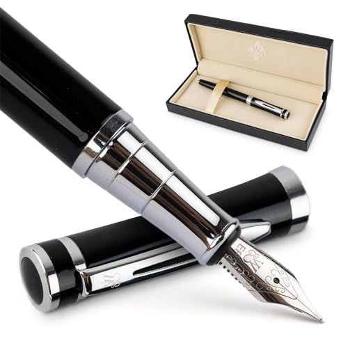 Wordsworth & Black Füllfederhalter Set, Extra Fein Feder, Enthält 24 Tintenpatronen Und Tintennachfüllkonverter, Geschenketui, [Schwarz Chrom] von Wordsworth & Black