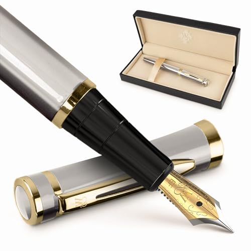Wordsworth & Black Füllfederhalter Set, Extra Fein Feder, Enthält 24 Tintenpatronen Und Tintennachfüllkonverter, Geschenketui [Silber Gold] von Wordsworth & Black