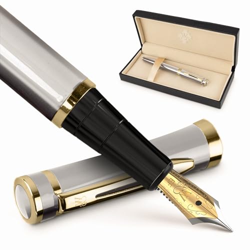 Wordsworth & Black Füllfederhalter-Set, extra feine Feder, inklusive 6 Tintenpatronen und Kolbenkonverter, Geschenkbox, Tagebuch, Kalligraphie, Silber-Gold von Wordsworth & Black