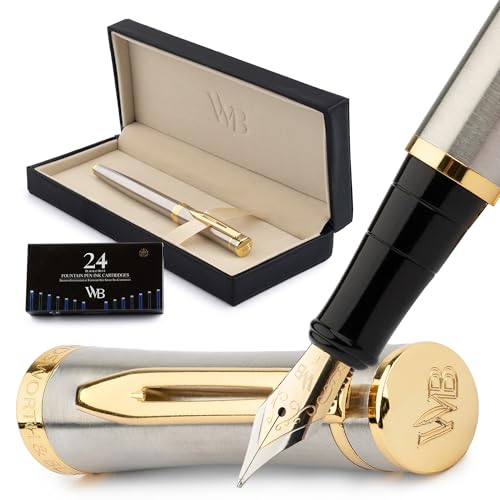 Wordsworth & Black Füllfederhalter Set, Feine Feder, Enthält 24 Tintenpatronen Und Tintennachfüllkonverter, Geschenketui, Journaling, Kalligraphie, Glatte Schreibstifte [Silver Gold] von Wordsworth & Black