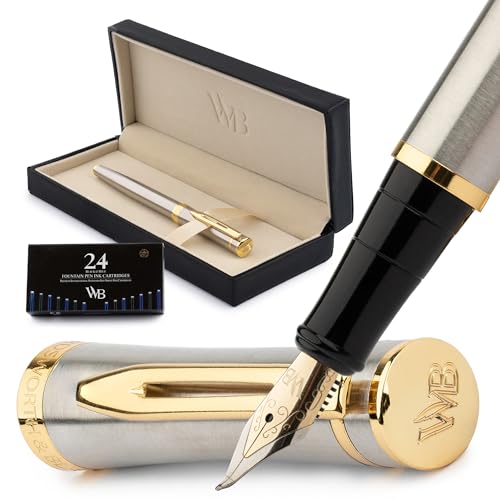 Wordsworth & Black Füllfederhalter-Set, gebogene 18-Karat-Goldfeder, inklusive 24 Tintenpatronen, Kolbenkonverter und Geschenkbox, goldfarben, Kalligraphie, Silber-Gold Wordsworth & Black Füllfederhalter-Set, gebogene 18-Karat-Goldfeder, inklusive 24 Tintenpatronen, Kolbenkonverter und Geschenkbox, goldfarben, Kalligraphie, Silber-Gold von Wordsworth & Black