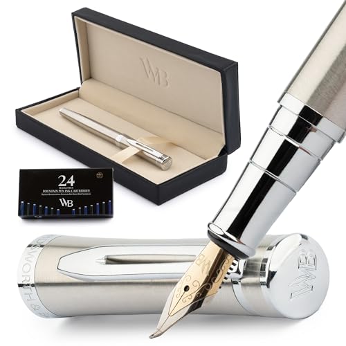 Wordsworth & Black Füllfederhalter-Set, gebogene Spitze, inklusive 24 Tintenpatronen, Kolbenkonverter und Geschenkbox, verchromt, Kalligraphie, versilbertes Chrom Wordsworth & Black Füllfederhalter-Set, gebogene Spitze, inklusive 24 Tintenpatronen, Kolbenkonverter und Geschenkbox, verchromt, Kalligraphie, versilbertes Chrom von Wordsworth & Black