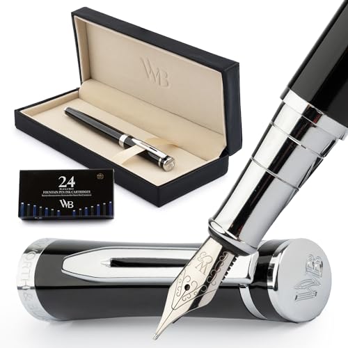Wordsworth & Black Füllfederhalter Set, mittlere Spitze, inklusive 24 Tintenpatronen und Kolbenkonverter, Geschenkbox, Kalligraphie, glattes Schreiben, Chrom-Schwarz Wordsworth & Black Füllfederhalter Set, mittlere Spitze, inklusive 24 Tintenpatronen und Kolbenkonverter, Geschenkbox, Kalligraphie, glattes Schreiben, Chrom-Schwarz von Wordsworth & Black
