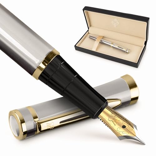 Wordsworth & Black Füllfederhalter Set, mittlere Spitze, inklusive 6 Tintenpatronen und Kolbenkonverter, Geschenkbox, Kalligraphie, glattes Schreiben, Silber-Gold von Wordsworth & Black