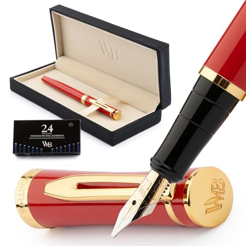 Wordsworth & Black Füllfederhalter-set, 18 Karat Vergoldete Breite Feder, Inklusive 24 Tintenpatronen, Tintennachfüllkonverter Und Geschenkbox, Gold-finish [Crimson Rot] von Wordsworth & Black