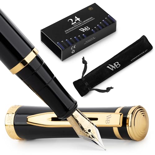 Wordsworth & Black Füllfederhalter-set, 18 Karat Vergoldete Extrafeine Feder, Inklusive 24 Tintenpatronen, Tintennachfüllkonverter Und Geschenkbeutel, Gold-finish, Kalligraphie, [Schwarzgold] von Wordsworth & Black