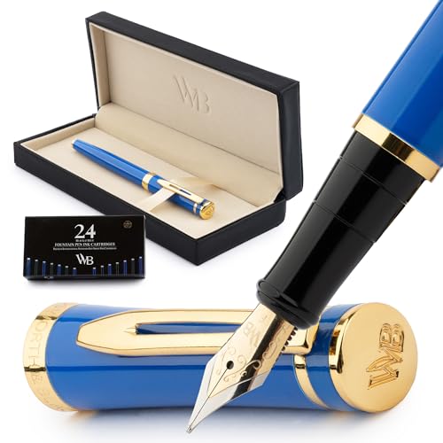 Wordsworth & Black Füllfederhalter-set, Feine Feder Aus 18 Karat Gold, 24 Tintenpatronen, Tintennachfüllkonverter Und Geschenkbox, Gold-finish, Kalligraphie [Kaiserblau] von Wordsworth & Black