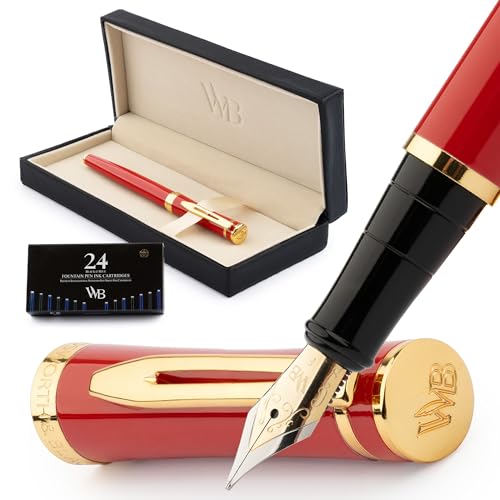 Wordsworth & Black Füllfederhalter-set, Feine Feder Aus 18-karätigem Gold, 24 Tintenpatronen, Tintennachfüllkonverter Und Geschenkbox, Gold-finish, Kalligraphie [Crimson Rot] von Wordsworth & Black