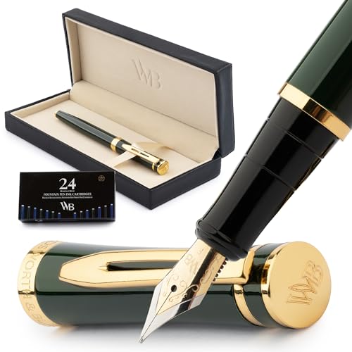 Wordsworth & Black Füllfederhalter-set, Feine Feder Aus 18-karätigem Gold, 24 Tintenpatronen, Tintennachfüllkonverter Und Geschenkbox, Gold-finish, Kalligraphie [Renngrün] von Wordsworth & Black