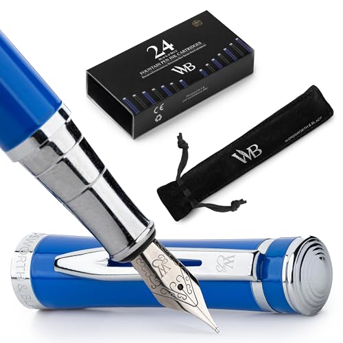 Wordsworth & Black Füllfederhalter-set, Mittlere Feder, Inklusive 24 Tintenpatronen, Tintennachfüllkonverter Und Geschenkbeutel, Chrom-finish, Kalligrafie, [Imperial Blue], Perfekt Für Männer Frauen von Wordsworth & Black