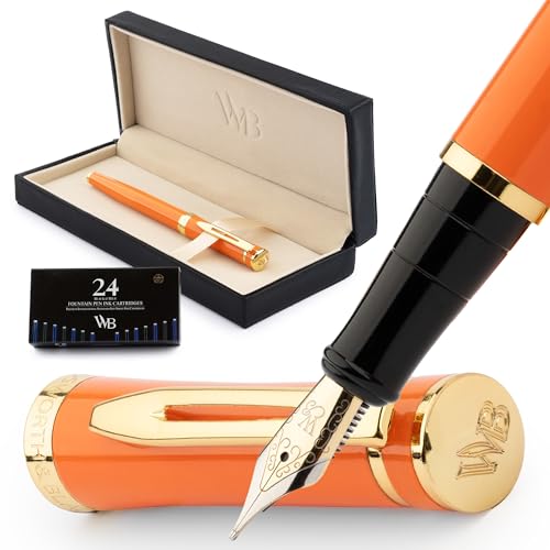 Wordsworth & Black Füllfederhalter-set, Mittlere Feder Mit 18-karat-vergoldung, Packung Mit 24 Tintenpatronen, Tintennachfüllkonverter Und Geschenkbox, Gold-finish [Orange] von Wordsworth & Black