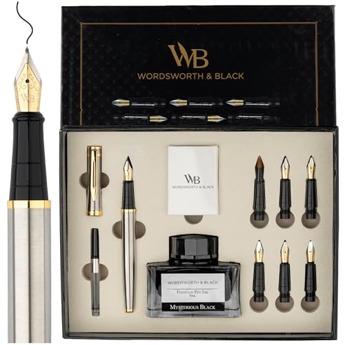 Wordsworth & Black Kalligrafie-Füllfederhalter-Set, enthält Tintenflasche, 6 Tintenpatronen, Tintennachfüllkonverter, 6 Ersatzfedern, Premium-Paket, Journaling, glatte Schreibstifte [Silber Gold] von Wordsworth & Black