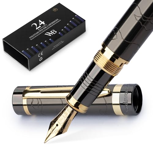 Wordsworth & Black Primori Füllfederhalter-Set [Gunmetal Gold]; Feine Feder, Geschenk-Etui, 24 Tintenpatronen, Nachfüllkonverter, Anleitung; Tagebuchführung, Kalligrafie, Flüssiges Schreiben von Wordsworth & Black
