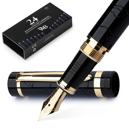 Wordsworth & Black Primori Füllfederhalter-Set [Schwarz Gold]; Feine Feder, Geschenk-Etui, 24 Tintenpatronen, Nachfüllkonverter, Anleitung; Tagebuchführung, Kalligrafie, Flüssiges Schreiben von Wordsworth & Black