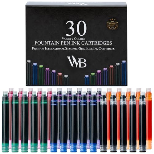 Wordsworth & Black Tintennachfüllungen für Füllfederhalter, Set mit 30 Tintenpatronen in verschiedenen Farben, internationale Standardgröße, Länge ca. 2,04 Zoll, Basis-Durchmesser ca. 0,24 Zoll von Wordsworth & Black