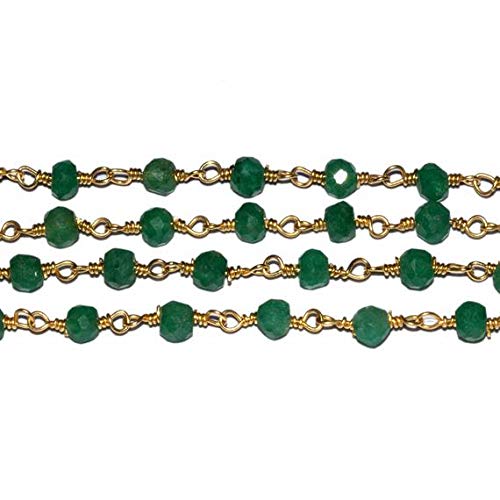 BEADS GEMSTONE 10 Fuß Smaragd Wrapped on Gold Plated Chain - Rosary Style Perlen Kette 3-3,5mm Code-HIGH-38562, Edelstein Metall Stein von World Wide Gems
