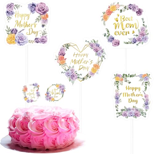 Cupcake-Topper "Happy Mother's Day", Goldfolie, Aufschrift "Best Mom Ever", violett, Blumenmuster, 24 Stück von WorldBazaar