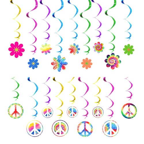 36 Stück 60er Jahre Hippie Thema Party Folien Wirbel Dekorationen, 60er Jahre Party Retro Blumen Ausschnitte Friedenszeichen Hängende Wirbel Dekorationen von Worldly