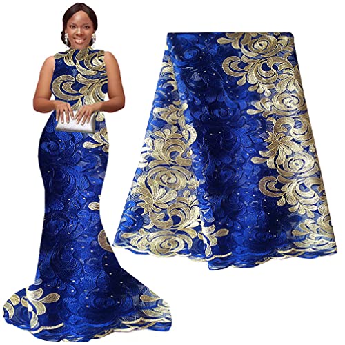 WorthSJLH Nigerianischer Spitzenstoff, 2,5 m, französische Spitze, ASO EBI Schweizer Spitzenstoff für Hochzeitskleid, J204 (Königsblau) von WorthSJLH