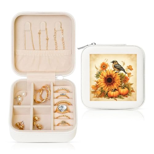 Aquarell-Kürbis-Sonnenblumen-Vögel, Vintage-Reise-Schmuck-Organizer, PU-Leder, Schmuck-Aufbewahrungshalter für Ringe, Ohrringe, Anhänger, Halsketten für Mädchen und Frauen von Woshuwo